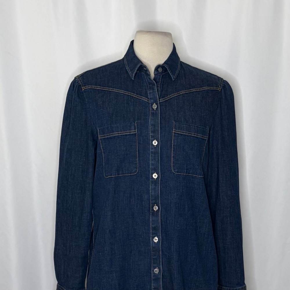 Women's UNTUCKIT Jenna Buttondown Denim Shirt Top Pockets Dark Wash Preppy 8 - Picture 4 of 13